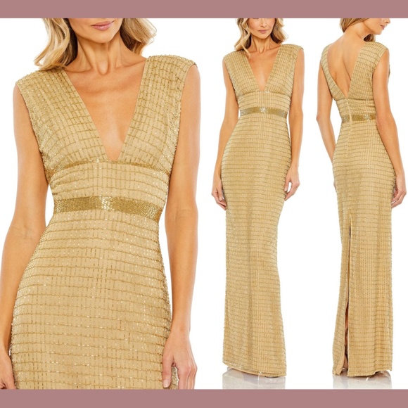 NWT‎ $598 Mac Duggal [ 8 ] Beaded Cap Sleeve V Neck Column Gown in Gold